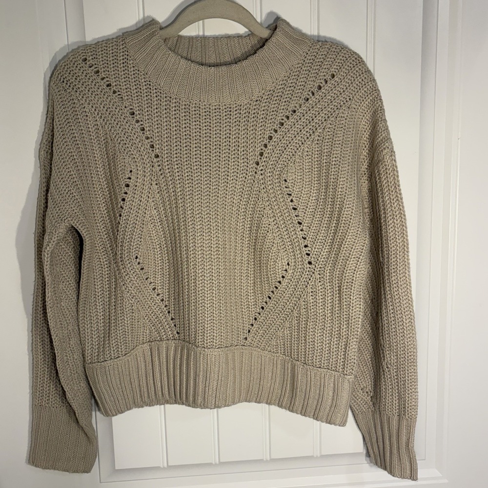 Pink Rose Chunky Knit Sweater Women Large Beige Cropped Oversized Cozy Boho